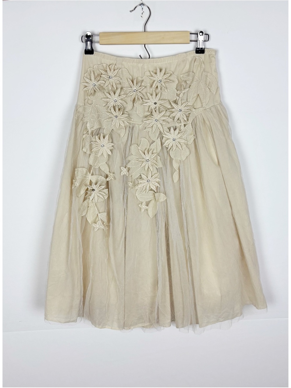 Ryu Dress Strapless Mini Beige Tulle Floral Appliqué Size Large Cottagecore
